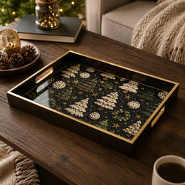 Christmas Embroidered Tree Glass Tray - Midnight Gold - MintiHome