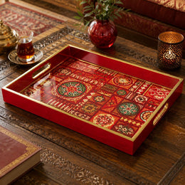 Red Folk Geometric Star Mandala Glass Serving Tray National Days - MintiHome