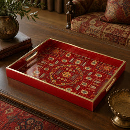 Red Folk Cross Mandala Damask Glass Serving Tray National Days - MintiHome