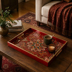 Red Folk Mandala Corner Geometric Glass Serving Tray National Days - MintiHome