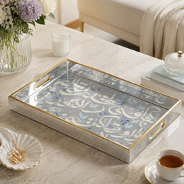 Silver Grey Arabic Calligraphy Floral Glass Serving Tray National Days - MintiHome
