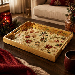 Christmas Holly Poinsettia Glass Serving Tray – Gold Border Platter - MintiHome