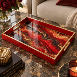 Daily Glass Serving Tray with Gold Border – Red Gold Marble Swirl - MintiHome