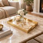 Daily Decorative Glass Serving Tray – Gilded Cream Stone glass serving tray shown in a first styled room scene.
