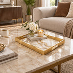 Daily Decorative Glass Serving Tray – Gilded Vein Marble glass serving tray shown in a first styled room scene.