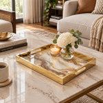 Daily Decorative Glass Serving Tray – Taupe Agate Swirl glass serving tray shown in a second styled room scene.