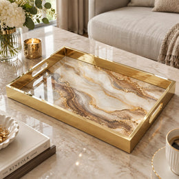 Daily Decorative Glass Serving Tray – Taupe Agate Swirl glass serving tray shown in a product view.