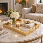 Daily Decorative Glass Serving Tray – Ivory Vein Minimal glass serving tray shown in a first styled room scene.