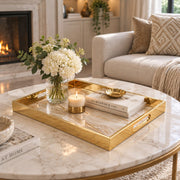 Daily Decorative Glass Serving Tray – Ivory Vein Minimal glass serving tray shown in a first styled room scene.