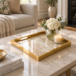 Daily Decorative Glass Serving Tray – Ivory Vein Minimal glass serving tray shown in a second styled room scene.