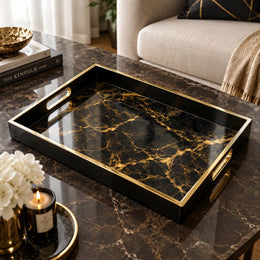 Daily Decorative Glass Serving Tray – Onyx Gold Vein glass serving tray shown in a product view.