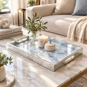 Daily Decorative Glass Serving Tray – Misty Blue Stone glass serving tray shown in a first styled room scene.