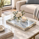 Daily Decorative Glass Serving Tray – Misty Blue Stone glass serving tray shown in a second styled room scene.