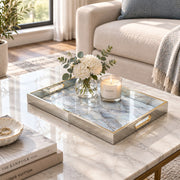 Daily Decorative Glass Serving Tray – Misty Blue Stone glass serving tray shown in a second styled room scene.