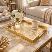 Daily Decorative Glass Serving Tray – Coastal Shell Etching glass serving tray shown in a first styled room scene.
