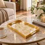 Daily Decorative Glass Serving Tray – Coastal Shell Etching glass serving tray shown in a second styled room scene.