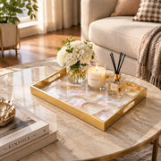 Daily Decorative Glass Serving Tray – Opaline Agate Wave glass serving tray shown in a second styled room scene.