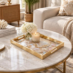 Daily Decorative Glass Serving Tray – Pearl Shell Collage glass serving tray shown in a first styled room scene.