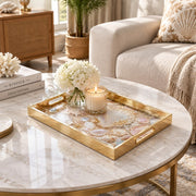 Daily Decorative Glass Serving Tray – Pearl Shell Collage glass serving tray shown in a first styled room scene.