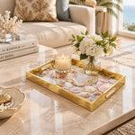 Daily Decorative Glass Serving Tray – Pearl Shell Collage glass serving tray shown in a second styled room scene.