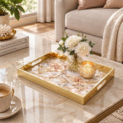 Daily Decorative Glass Serving Tray – Shell Blossom Bouquet glass serving tray shown in a first styled room scene.