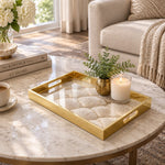 Daily Decorative Glass Serving Tray – Radiating Shell Fans glass serving tray shown in a first styled room scene.