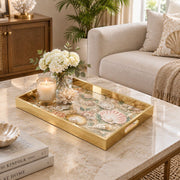 Daily Decorative Glass Serving Tray – Coastal Botanical Border glass serving tray shown in a first styled room scene.