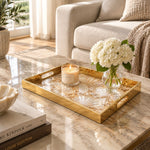 Daily Decorative Glass Serving Tray – Radiant Shell Splash glass serving tray shown in a first styled room scene.