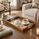 Wedding Decorative Glass Serving Tray – Peony Stamen Study glass serving tray shown in a first styled room scene.