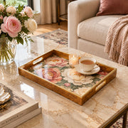 Wedding Decorative Glass Serving Tray – Oversized Peony Medley glass serving tray shown in a first styled room scene.