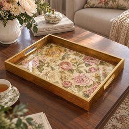 Wedding Decorative Glass Serving Tray – Vintage Chintz Rose Garden glass serving tray shown in a product view.