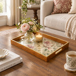 Wedding Decorative Glass Serving Tray – Ruffled Peony Spray glass serving tray shown in a first styled room scene.