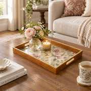Wedding Decorative Glass Serving Tray – Ruffled Peony Spray glass serving tray shown in a first styled room scene.