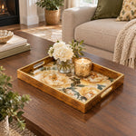 Wedding Decorative Glass Serving Tray – Peony Bloom Trio glass serving tray shown in a first styled room scene.