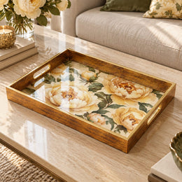 Wedding Decorative Glass Serving Tray – Peony Bloom Trio glass serving tray shown in a product view.