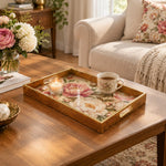 Wedding Decorative Glass Serving Tray – Peony Duo In Bloom glass serving tray shown in a first styled room scene.