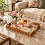 Wedding Decorative Glass Serving Tray – Peony Duo In Bloom glass serving tray shown in a second styled room scene.