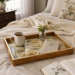 Wedding Decorative Glass Serving Tray – Airy Peony Scatter glass serving tray shown in a first styled room scene.