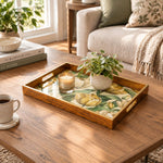 Wedding Decorative Glass Serving Tray – Open Tulip Bunch glass serving tray shown in a first styled room scene.