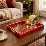 Wedding Decorative Glass Serving Tray – Baroque Damask Medallion glass serving tray shown in a first styled room scene.