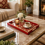 Wedding Decorative Glass Serving Tray – Petite Blossom Damask glass serving tray shown in a first styled room scene.
