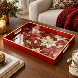Wedding Decorative Glass Serving Tray – Poinsettia Bloom Garland glass serving tray shown in a product view.