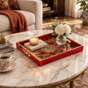 Wedding Decorative Glass Serving Tray – Framed Blossom Medallion glass serving tray shown in a first styled room scene.
