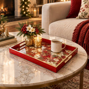 Wedding Decorative Glass Serving Tray – Winter Poinsettia Cluster glass serving tray shown in a first styled room scene.