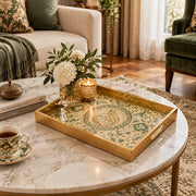 Ramadan Decorative Glass Serving Tray – Flowing Script Floral Ring glass serving tray shown in a first styled room scene.