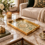 Ramadan Decorative Glass Serving Tray – Flowing Script Floral Ring glass serving tray shown in a second styled room scene.