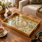 Ramadan Decorative Glass Serving Tray – Flowing Script Floral Ring glass serving tray shown in a product view.