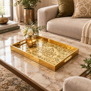 Ramadan Decorative Glass Serving Tray – Script Cartouche Garden glass serving tray shown in a first styled room scene.