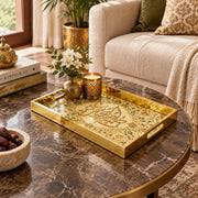 Ramadan Decorative Glass Serving Tray – Script Cartouche Garden glass serving tray shown in a second styled room scene.