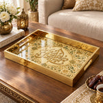 Ramadan Decorative Glass Serving Tray – Script Cartouche Garden glass serving tray shown in a product view.